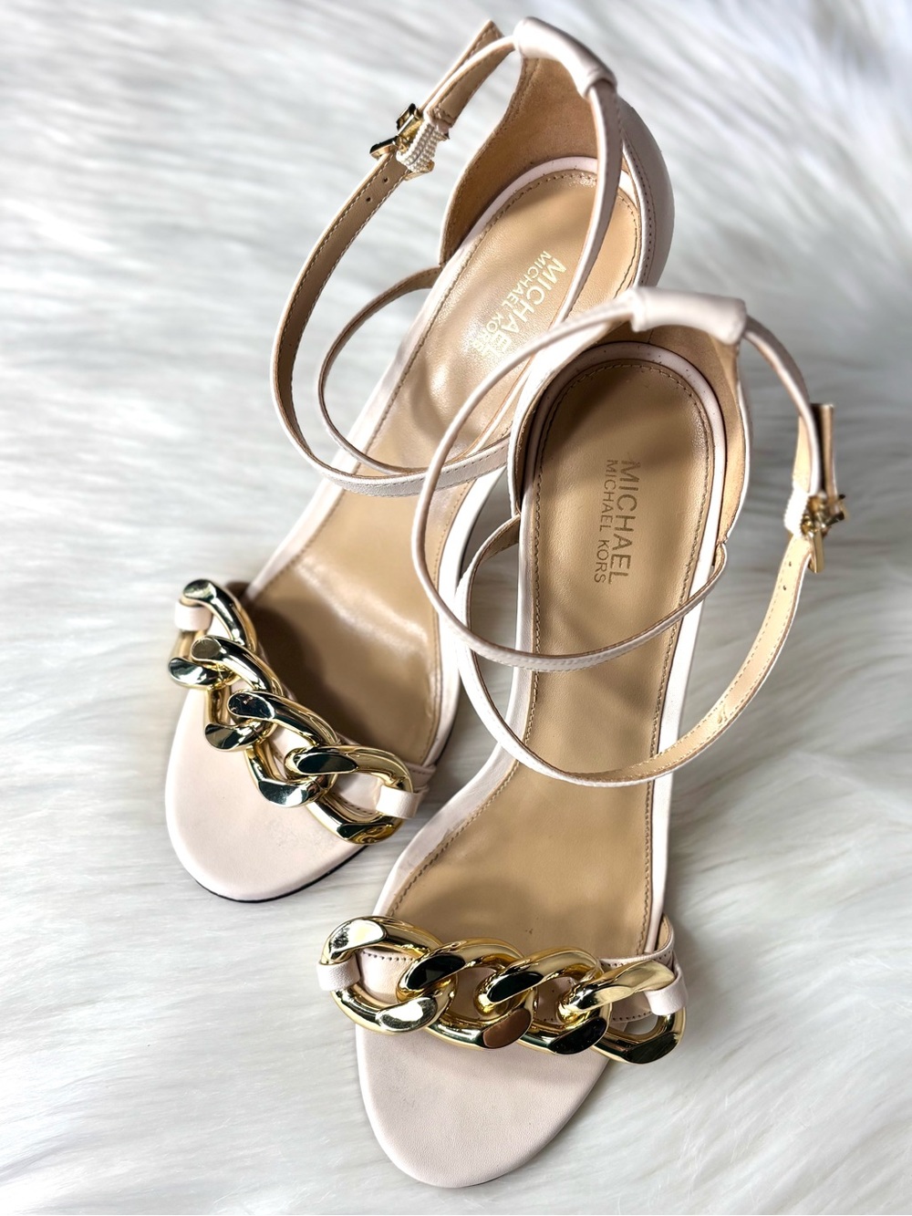 MICHAEL MK Chain-Front Ankle-Strap Heels
